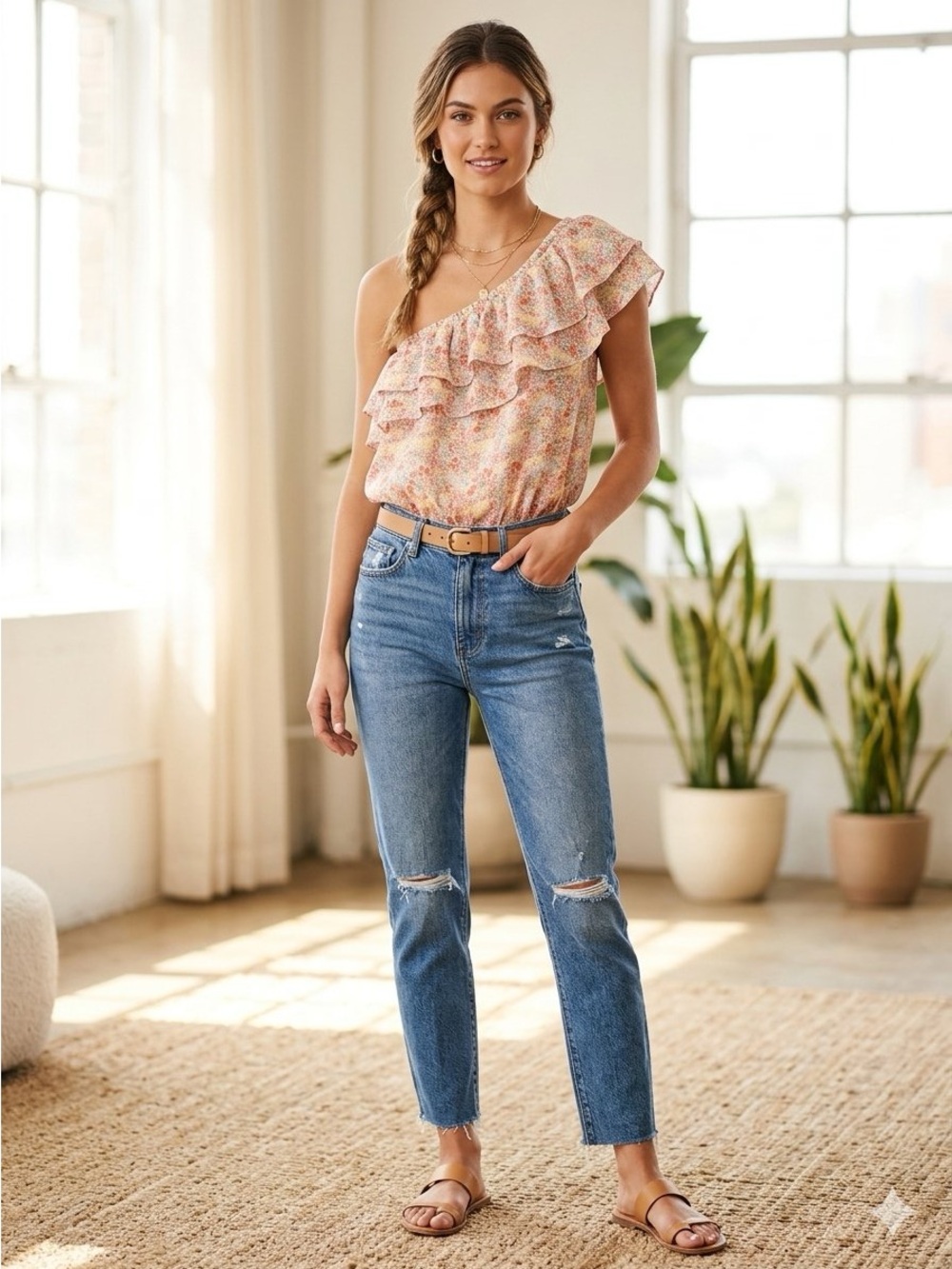 Promesa 1-Shoulder Floral Ruffle Bodysuit in Orange/Cream from South Moon Under